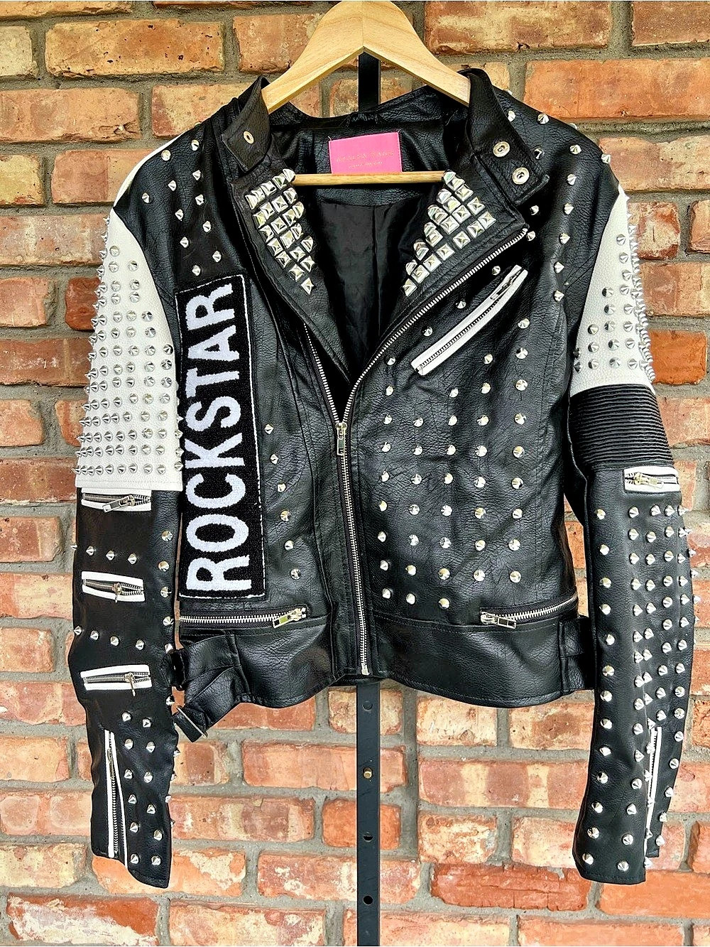 Azalea Wang Rockstar Studded Moto Jacket Black & White XL
